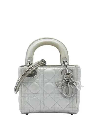 Pre-owned Dior 2015 Mini Iridescent Lambskin Cannage Lady  Satchel In Grey