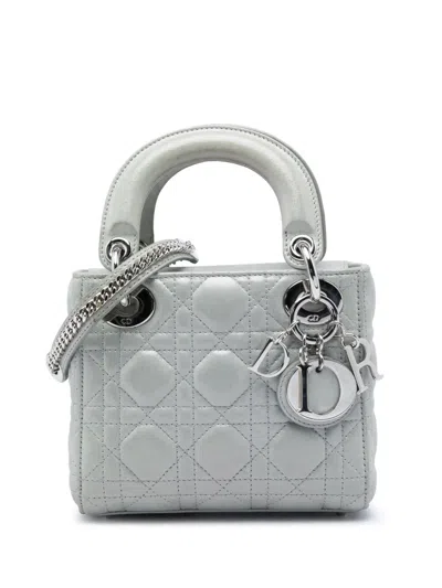 Pre-owned Dior 2015 Mini Iridescent Lambskin Cannage Lady  Satchel In Grey