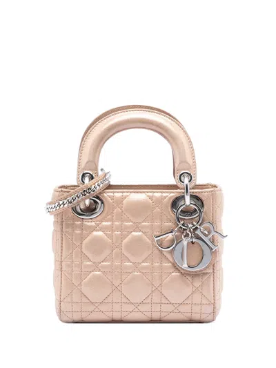 Pre-owned Dior 2015 Mini Iridescent Lambskin Cannage Lady  Satchel In Neutral