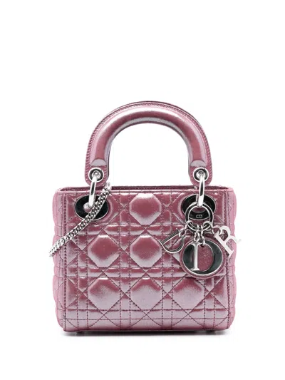 Pre-owned Dior 2015 Mini Iridescent Lambskin Cannage Lady  Satchel In Pink