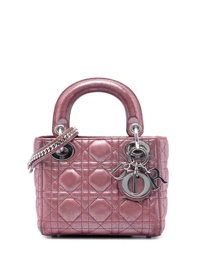 Pre-owned Dior 2015 Mini Iridescent Lambskin Cannage Lady  Satchel In Pink