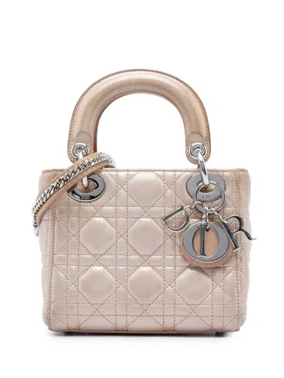 Pre-owned Dior 2015 Mini Iridescent Lambskin Cannage Lady  Satchel In Pink