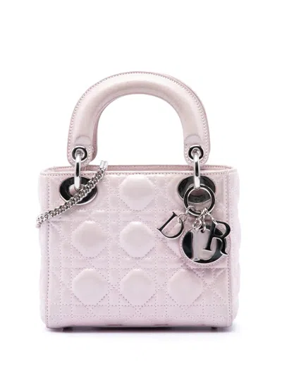 Pre-owned Dior 2015 Mini Iridescent Lambskin Cannage Lady  Satchel In Pink