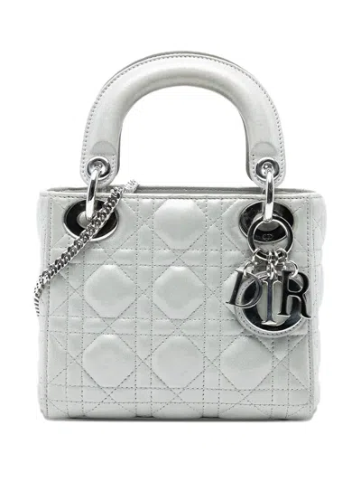 Pre-owned Dior 2015 Mini Iridescent Lambskin Cannage Lady  Satchel In Silver