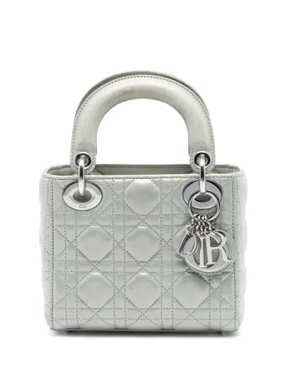 Pre-owned Dior 2015 Mini Iridescent Lambskin Cannage Lady  Satchel In Silver