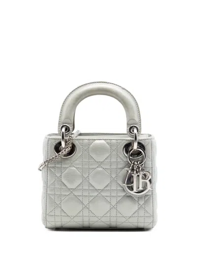 Pre-owned Dior 2015 Mini Iridescent Lambskin Cannage Lady  Satchel In Silver