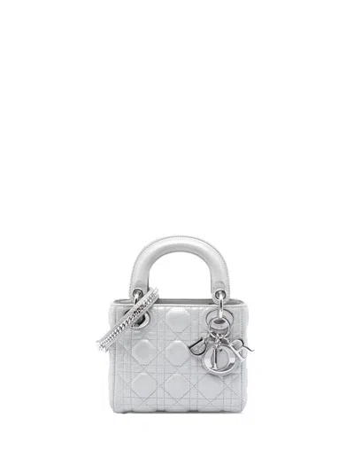 Pre-owned Dior 2015 Mini Iridescent Lambskin Cannage Lady  Satchel In Silver