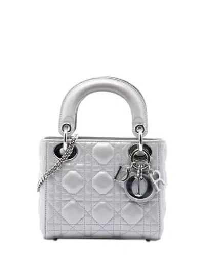 Pre-owned Dior 2015 Mini Iridescent Lambskin Cannage Lady  Satchel In Silver