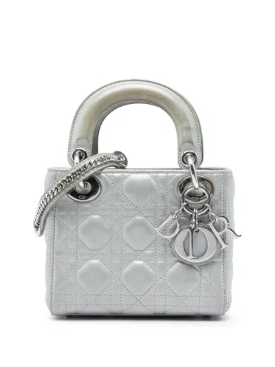 Pre-owned Dior 2015 Mini Iridescent Lambskin Cannage Lady  Satchel In Silver