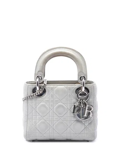 Pre-owned Dior 2015 Mini Iridescent Lambskin Cannage Lady  Satchel In Silver