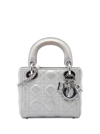 Pre-owned Dior 2015 Mini Iridescent Lambskin Cannage Lady  Satchel In Silver