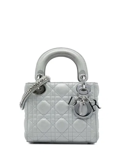 Pre-owned Dior 2015 Mini Iridescent Lambskin Cannage Lady  Satchel In Silver