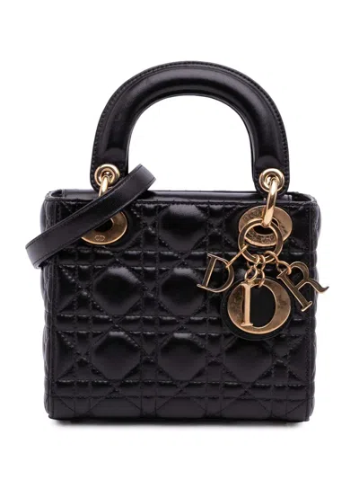 Pre-owned Dior 2015 Mini Lambskin Cannage Lady  Satchel In Black