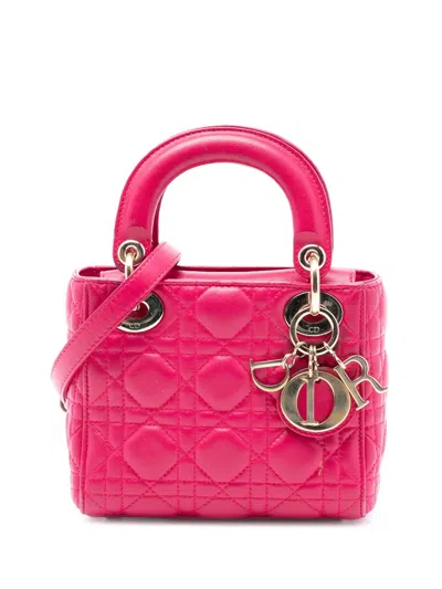 Pre-owned Dior 2015 Mini Lambskin Cannage Lady  Satchel In Pink