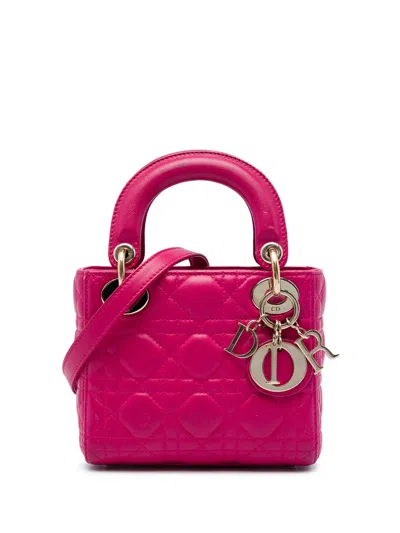 Pre-owned Dior 2015 Mini Lambskin Cannage Lady  Satchel In Pink