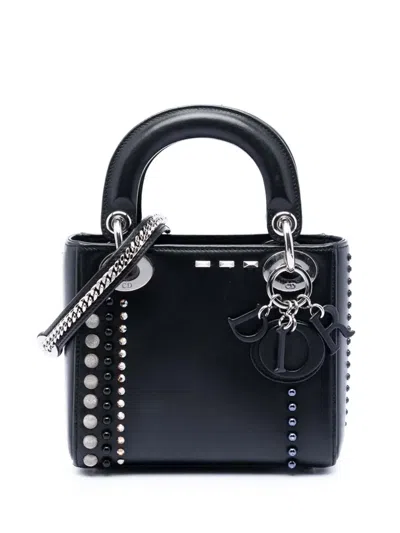 Pre-owned Dior 2015 Mini Lambskin Studded Crystal Pearl Lady  Satchel In Black