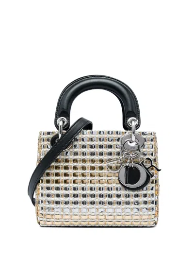 Pre-owned Dior 2015 Mini Metallic Leather Woven Tweed Lady  Satchel In Gold