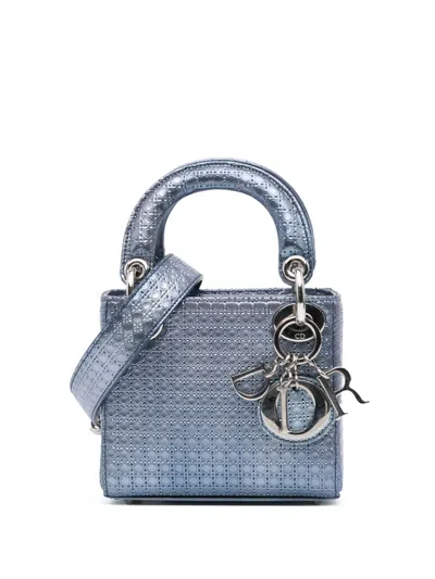 Pre-owned Dior 2015 Mini Metallic Patent Microcannage Lady  Satchel In Blue