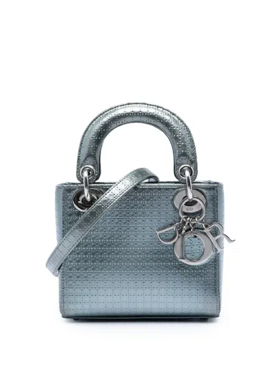 Pre-owned Dior 2015 Mini Metallic Patent Microcannage Lady  Satchel In Blue