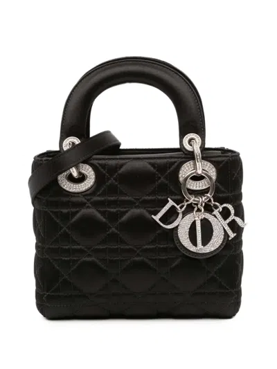 Pre-owned Dior 2015 Mini Satin Cannage Swarovski Crystal Lady  Satchel In Black