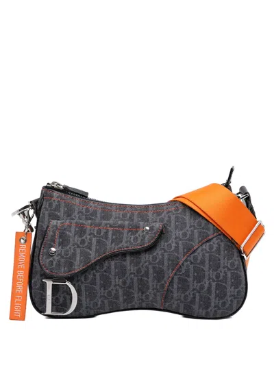 Pre-owned Dior 2015 Oblique Denim Flight Double Saddle Crossbody Bag In Blue