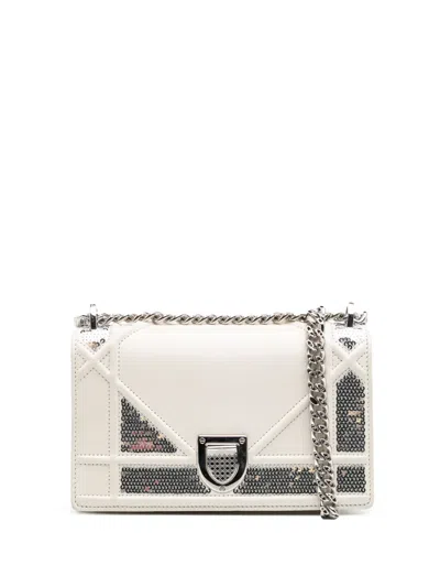 Pre-owned Dior 2015 Small Calfskin Ama Sequin Flap Crossbody Bag In White