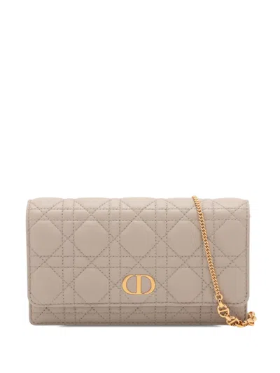 Pre-owned Dior 2015-2026 Calfskin Cannage Caro Wallet On Chain Crossbody Bag In Neutrals