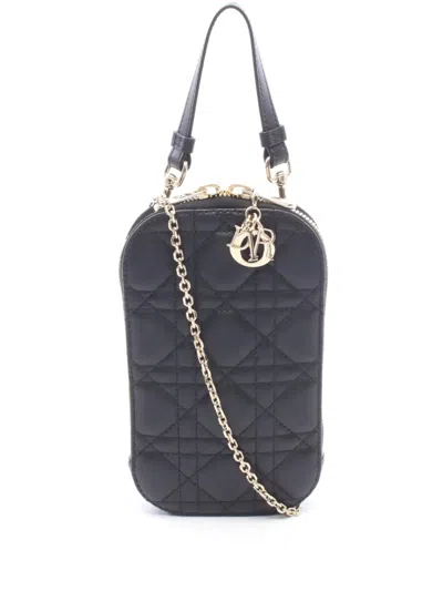 Pre-owned Dior 2015-2026 Lambskin Cannage Lady  Call In Phone Holder Satchel In Black