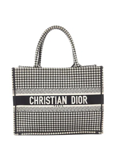 Pre-owned Dior 2015-2026 Medium Canvas Houndstooth Embroidered Book Tote Bag In Black