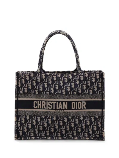 Pre-owned Dior 2015-2026 Medium Oblique Embroidered Canvas Book Tote Bag In 蓝色