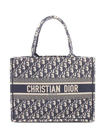Pre-owned Dior 2015-2026 Medium Oblique Embroidered Canvas Book Tote Bag In Blue