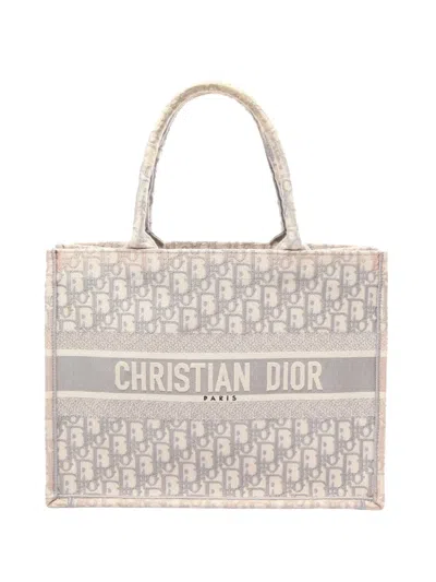 Pre-owned Dior 2015-2026 Medium Oblique Embroidered Canvas Book Tote Bag In Grey