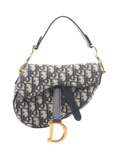 Pre-owned Dior 2015-2026 Mini Oblique Canvas Saddle Bag Satchel In Blue