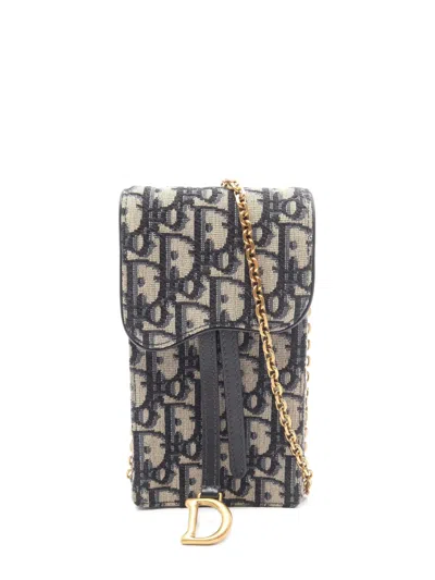 Pre-owned Dior 2015-2026 Oblique Canvas Vertical Saddle Pouch Crossbody Bag In Blue