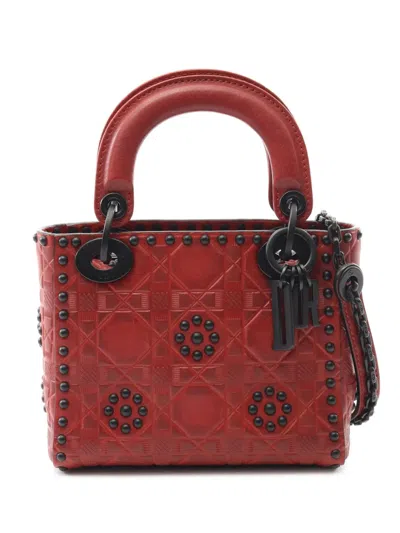 Pre-owned Dior 2016-2017 Mini Embossed Calfskin Cannage Studded Flower Lady  Satchel