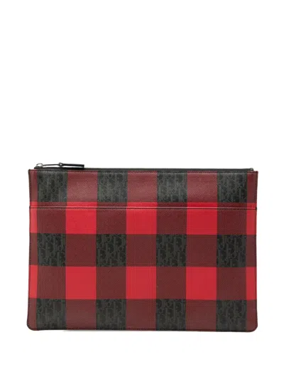 Pre-owned Dior 2016 Homme Plaid Printed Issimo Coated Canvas Zip Clutch Bag In Red