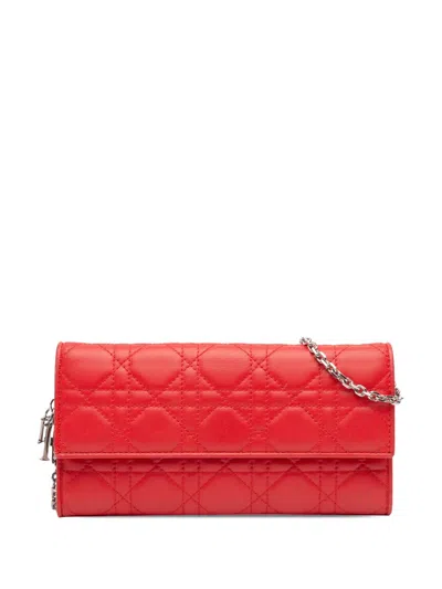 Pre-owned Dior 2016 Lambskin Cannage Lady  Wallet On Chain Crossbody Bag In Red