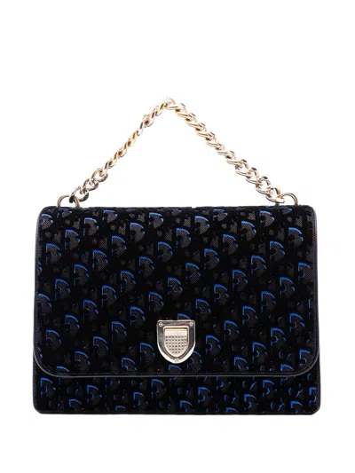 Pre-owned Dior 2016 Large Oblique Canvas And Velvet Ama Flap Satchel In Blue
