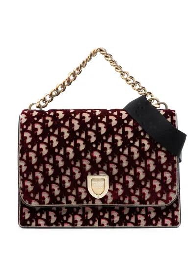 Pre-owned Dior 2016 Large Oblique Canvas And Velvet Ama Flap Satchel In Red