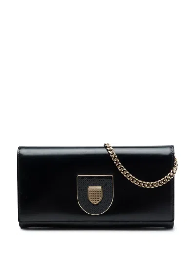 Pre-owned Dior 2016 Leather Sequin Ama Wallet On Chain Crossbody Bag In Black