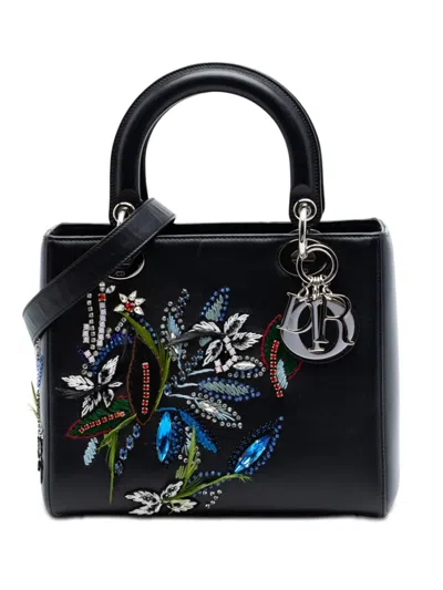Pre-owned Dior 2016 Limited Edition Medium Smooth Calfskin Embroidered Beaded Floral Lady  Satchel In Black