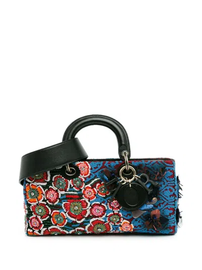Pre-owned Dior 2016 Medium Beaded Flower Embellished Lady D Joy Satchel In Blue