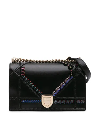 Pre-owned Dior 2016 Medium Calfskin Crystal Embroidered Ama Flap Crossbody Bag In Black