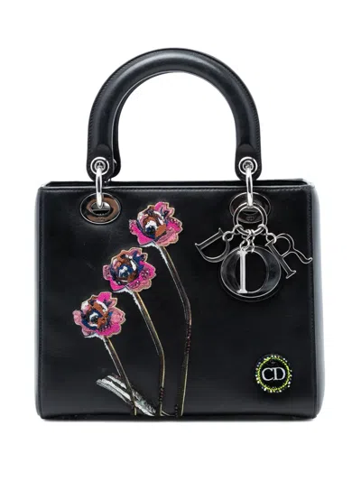 Pre-owned Dior 2016 Medium Calfskin Embroidered Flower Lady  Satchel In Black