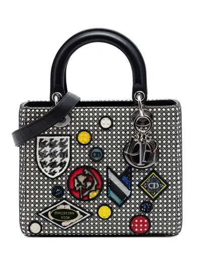 Pre-owned Dior 2016 Medium Calfskin Mesh Microcannage Patches Lady  Satchel In Black