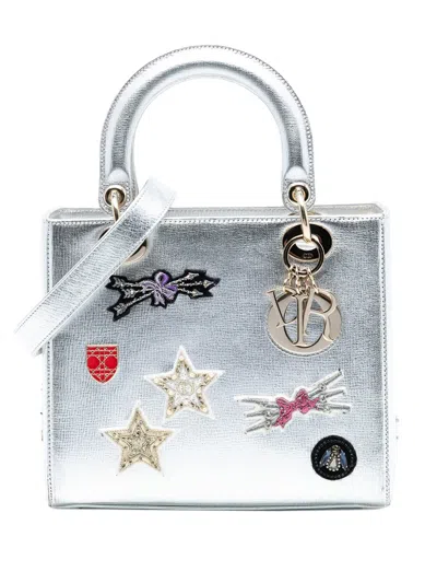 Pre-owned Dior 2016 Medium Calfskin Patch Embellished Lady  Satchel In Silver