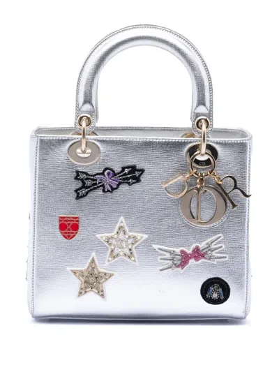Pre-owned Dior 2016 Medium Calfskin Patch Embellished Lady  Satchel In Silver