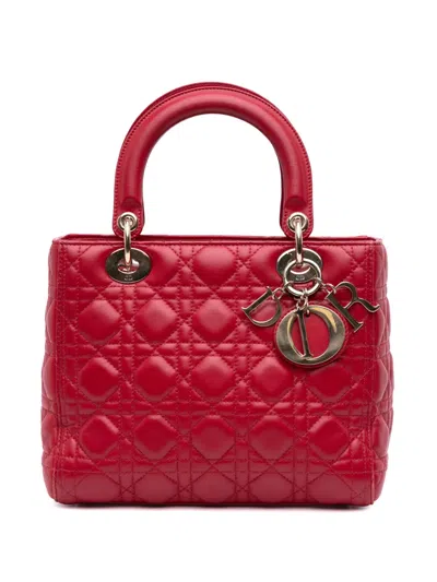 Pre-owned Dior 2016 Medium Lambskin Cannage Lady  Satchel In Red