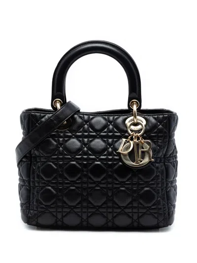 Pre-owned Dior 2016 Medium Lambskin Cannage Lady  Satchel In Black