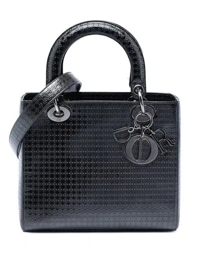 Pre-owned Dior 2016 Medium Metallic Patent Microcannage Lady  Satchel In Black